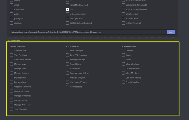 bot permissions panel