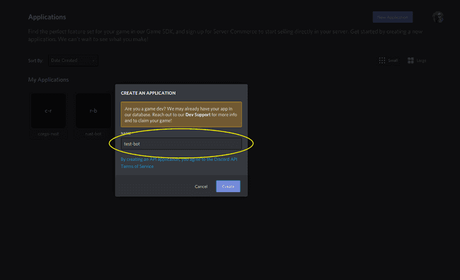 Discord create application ui with test-bot in name field