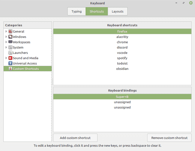 Example Linux Mint keyboard binding